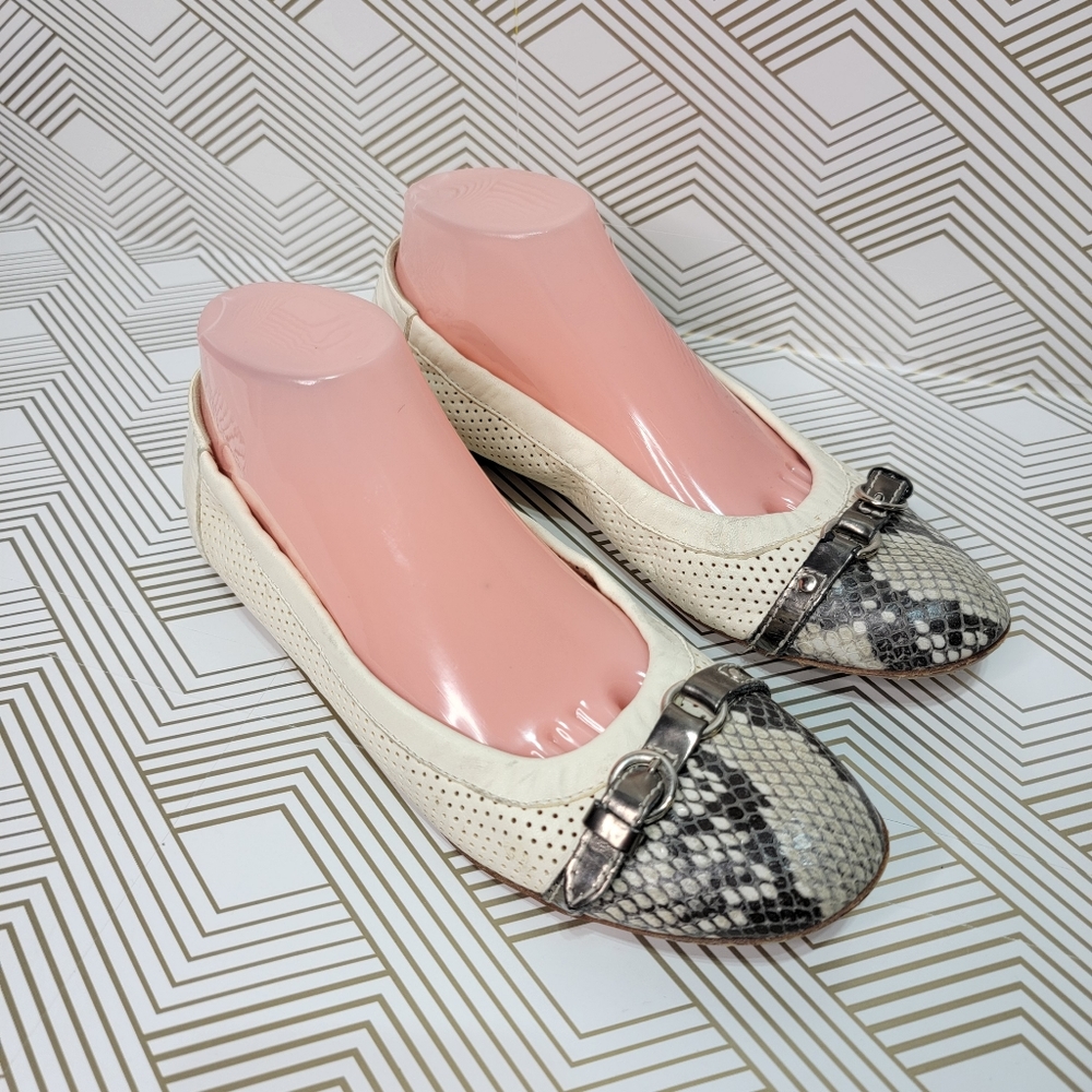 AGL Monika Slip On Ivory Leather Python Snake Cap Toe Ballet Flat Shoes 39 Eu 9M